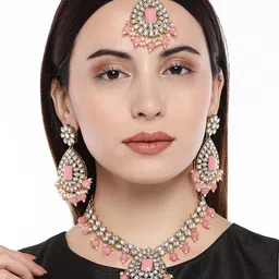 AccessHer Women Brass-Plated Gold-Toned & Peach-Coloured Kundan-Studded Jewellery Set-picture-47