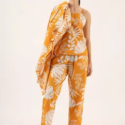 SANSKRUTIHOMES Mustard Yellow Floral Printed Pure Cotton Top & Trouser with Shrug image 2