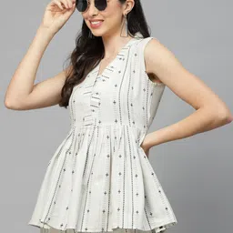 Stylum Off White Self Designed V-Neck Top & Trousers Co-Ord Set image 3