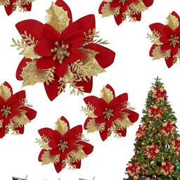 TIED RIBBONS 6-Pcs Christmas Decoration Artificial Poinsettia Flowers With Clip Stick image 1