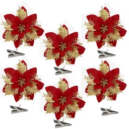 TIED RIBBONS 6-Pcs Christmas Decoration Artificial Poinsettia Flowers With Clip Stick image 5
