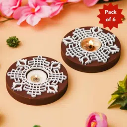 ecraftindia Multicolour Wood Round Wooden Block Print Tea Light Candle Holders (Set of 6)-picture-30