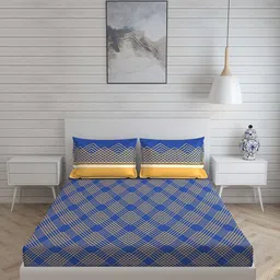 Layers Blue & Yellow Geometric 144 TC Cotton 1 Queen Bedsheet with 2 Pillow Covers image 2