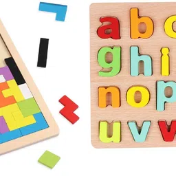 Wooden Blocks Puzzle Toy Tangram Jigsaw Intelligence Colorful 3D Russian Blocks & ABCD Small Letters Kids Learning Toys Wooden Alphabet Toy Pack of 2-image-13