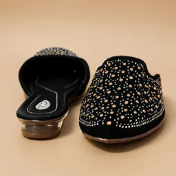 madam choice black slip-on with gold & silver rhinestones + clear heel) Party Wear For Women image 2