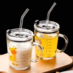 Pack of 2, Glass Sipper Milk Juice Water (Random Design) Silicon Straw Mason Jar Glass Coffee Mug-image-6