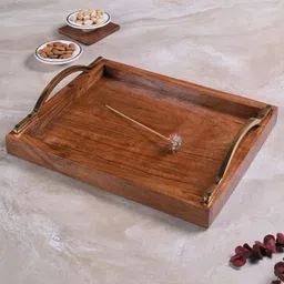 greetwood Wooden Serving Tray | 15 Inch Rectangular Wooden Tray (Brass Raised handle) Tray Serving Set-picture-27