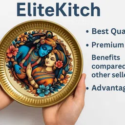 elitekitch Floral Radha-Krishna Half_6 Inch Engraved Brass Pooja Plate | Heavy Duty Aasan Dinner Plate image 2