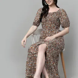 aayu Women Fit and Flare Beige, Multicolor Maxi/Full Length Dress image 4