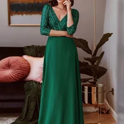 thapnath Women Fit and Flare Dark Green Maxi/Full Length Dress-picture-26