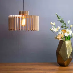 think artly Euphoria Beige Wooden Hanging Light image 1