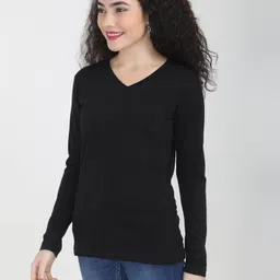 fleximaa Women Solid V Neck Pure Cotton Black T-Shirt image 3