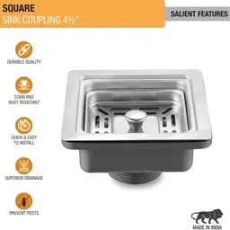 bathbliss 4.5-Inches Square Sink Coupling – Premium Stainless Steel & PVC Drain Coupler Sink Coupling with Chrome Finish for Kitchen Sink (Pack of 1) Sink Mixer Faucet image 3