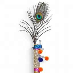 vrindmart Bnasuri for music class single tone with peacock feather 30cm (pack of 1) Wooden Flute image 3