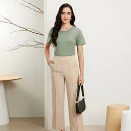 gheiebvdo Women Straight Fit Beige Viscose Rayon Trousers image 5