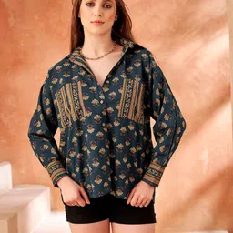 kaftanize Women Oversized Fit Floral Print Button Down Collar Casual Shirt-picture-14