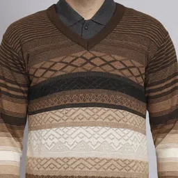 ewools Men Colorblock V Neck Beige Sweater image 4