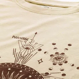 roadster Women Printed Round Neck Cotton Blend Beige T-Shirt image 2