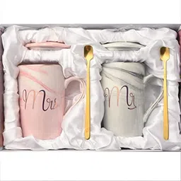 Coffee with Lid and Spoon 400ml Ceramic Marble Finish MR and MRS Couplez Ceramic Coffee Mug-image-70