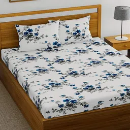 Huesland White & Blue Floral Cotton 144 TC Double Queen Bedsheet With 2 Pillow Covers-image-14