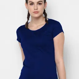dsws Pack of 2 Women Sporty, Solid Round Neck Polyester Dark Blue, Black T-Shirt image 3