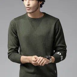 roadster Men Solid Round Neck Green Sweater image 3