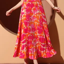 zwerlon Women Printed Pleated Orange Skirt-picture-25