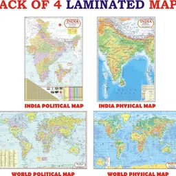 vcp World Map & India Map ( Both Political & Physical ) | LAMINATED Combo of 4 Maps | Printed on Both Sides | Size : 45 x 30 cm | Photographic Paper image 1