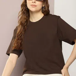 Women Solid Scoop Neck Cotton Blend Brown T-Shirt-image-18