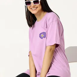 juneberry Oversized Women Printed Round Neck Pure Cotton Purple T-Shirt image 5
