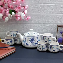 laxmi creation Pack of 7 Ceramic Blue Deer Design Tea Cup Set With Kettle image 5
