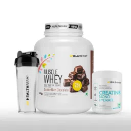 HEALTHFARM Best Selling Combo (Muscle whey Protein 2kg Double Rich Chocolate + Creatine 250gms+ Plastic Shaker )-image-38