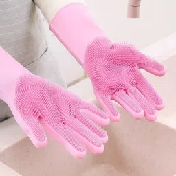 asha enterprises Silicon Gloves with Wash Scrubber Reusable Heat Resistant Kitchen Tool for Cleaning, Dish Washing Wet and Dry Glove-picture-21
