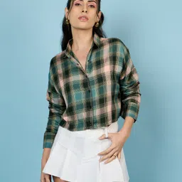 chimpaaanzee Women Oversized Fit Checkered Spread Collar Casual Shirt image 5