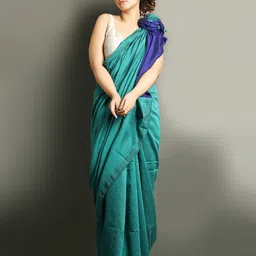Charukriti Teal & Navy Blue Solid Cotton Blend Handloom Saree image 1