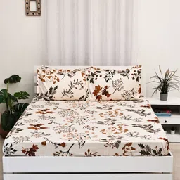 Ariana Off White Floral Printed 140 TC Microfiber King Bedsheet With 2 Pillow Covers-image-1