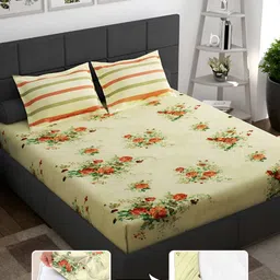 Story@home Orange & Green Floral 144 TC Queen Fitted Bedsheet with 2 Pillow Covers-image-10