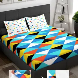 Story@home Blue & Yellow Geometric 144 TC King Fitted Bedsheet with 2 Pillow Covers-picture-35