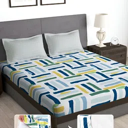 Story@home White & Blue Geometric Cotton 180 TC Fitted Queen Bedsheet with 2 Pillow Covers-picture-29