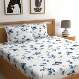 Home Ecstasy Blue & White Floral Cotton 140 TC Fitted King Bedsheet With 2 Pillow Covers-picture-14