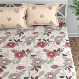 Florida Cream-Coloured Floral Printed 200 TC Microfiber King Bedsheet Set-image-18