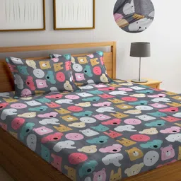 FABINALIV Grey & Green Cartoon Characters 300 TC King Bedsheet with 2 Pillow Covers-image-12