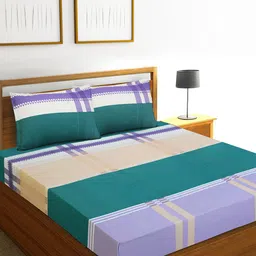 Aura Green & Beige Geometric Microfiber 144 TC Queen Bedsheet With 2 Pillow Covers-image-28