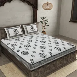 JAIPUR FABRIC Grey & White Ethnic Motifs Cotton 210 TC Queen Bedsheet with 2 Pillow Covers-picture-34