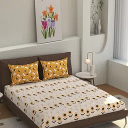 Florida Cream-Coloured & Yellow Floral Printed 200 TC Queen Bedsheet Set 2.28 m x 2.45 m image 1