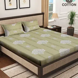 KLOTTHE Green & White Floral Printed 400 TC Pure Cotton Fitted Double Bedsheet Set-image-23
