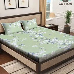 KLOTTHE Green & White Floral Printed 400 TC Cotton Fitted Double Bedsheets Set-image-22