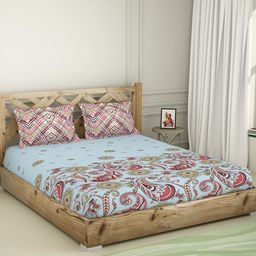 SPACES Blue & Coral 144 TC Cotton King Bedsheet with 2 Pillow Covers-picture-10