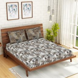 SPACES Brown & White Abstract 144 TC Pure Cotton Queen Bedsheet with 2 Pillow Covers-picture-37