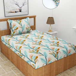 MORADO Green & Brown Floral 210 TC Single Fitted Bedsheet with 1 Pillow Covers-image-73